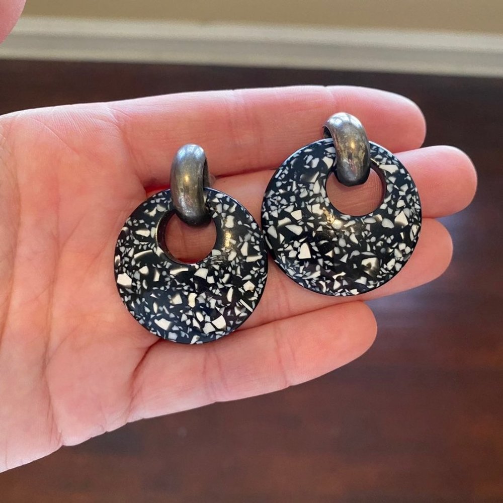 Vintage White and Black Speckled Dangle Earrings